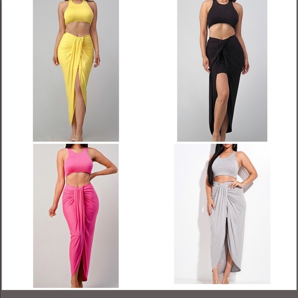 spandex cropped top and ruched midi skirt 2pcs set - Picture 1 of 8